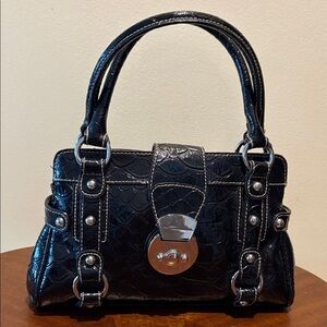 Bisou Bisou  satchel  black patent PVC croc embossed  heavy Silvertone HW EUC